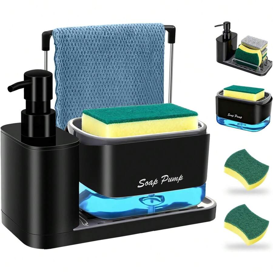 Dispensador de Jabon Cocina 4 en 1 con 2 Esponjas, Set Dispensador de Jabon con Soporte para Trapos y Esponjas, Dispensador Dual para Jabón Líquido y Lavatrastes para Fregadero, Cocina y Baño (Negro) - 1 - Ver 1