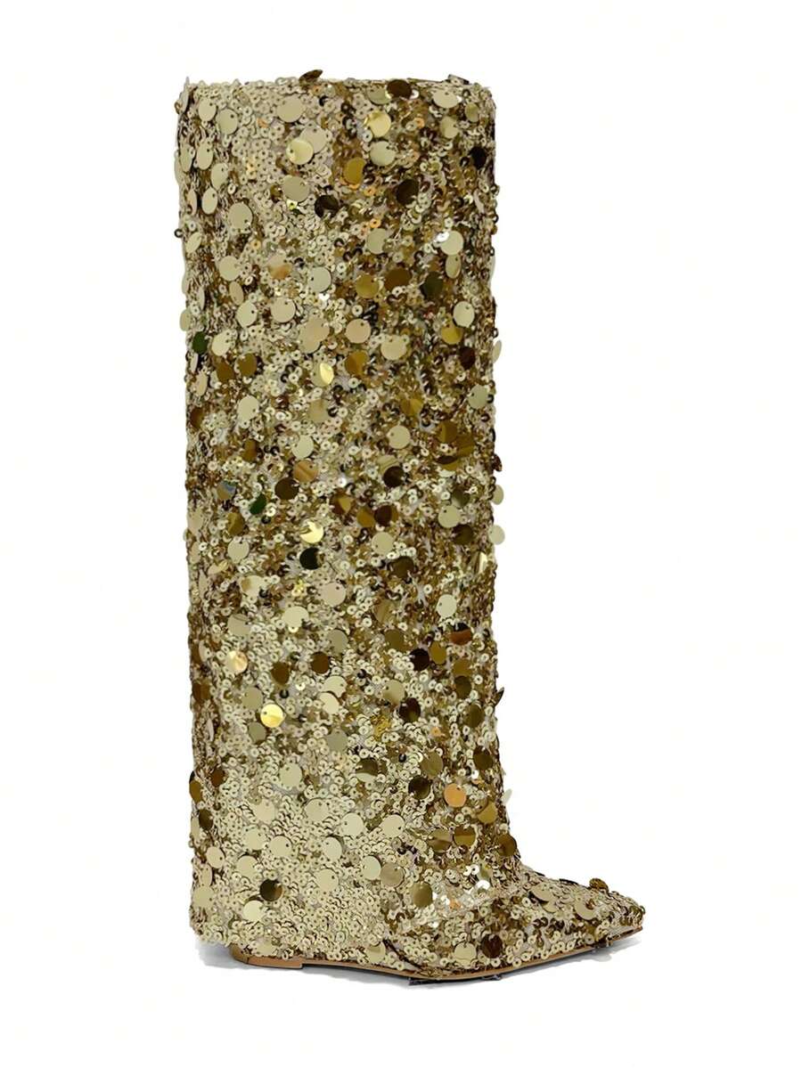 Giày bốt dự tiệc mũi nhọn đế xuồng lấp lánh dành cho nữ - Vàng - Xem 1