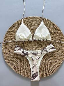 两件套休闲可爱优雅性感波西米亚风花卉系带编织比基尼泳衣，海滩度假，春夏 - 彩色 - 查看 4