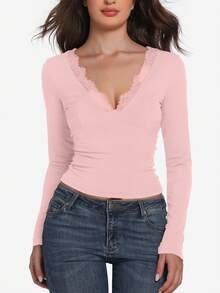 Áo thun nữ tay dài dáng crop top cổ chữ V viền ren, ôm sát, phong cách Y2K, thích hợp cho mùa Thu/Đông, Tết Dương lịch. - Màu Hồng baby - Xem 4