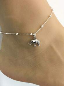 1PC Silver Beads Elephant Ankle Chain Female Student Simple Best Friend Birthday Gift Animal Hanging Ornaments Silver Plated Bracelet Foot Chain Retro - Silver - View 3
