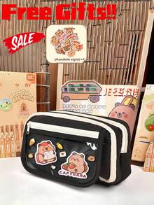 7pcs Set, Including Pencil Case & Doll, 5pcs Stickers, Cute Hamster Pencil Box, Multi-Layer Hamster Pencil Box, Hamster Brooch Hamster Bag, For Organizing School Items, Pens, Rulers, Erasers, Home Decor, (5pcs Stickers Random) - Beige - View 4