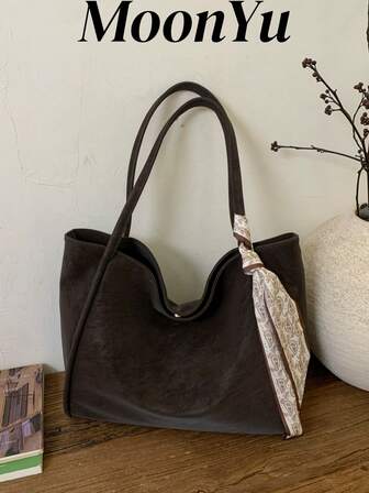 Women's Tote Bag, Fashionable Minimalist Elegant Scarf Matching, Large Capacity For Commuting, Shopping, Business, Coffee Color Faux Suede