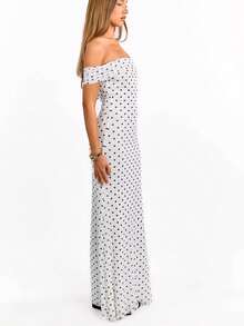 Women Dot Print Long Dress Slim Off Shoulder Ruched Short Sleeve Bodycon Dresses For Evening Party Club - White - View 7