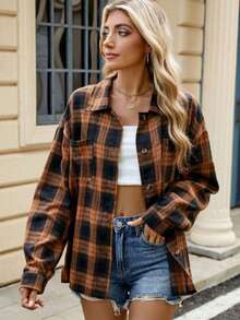 Women's Plaid Shirt With Notch Lapel Front Button Casual Long Sleeve Top With Pockets For Fall Winter Spring,Plus Size Women Clothes - Brown - View 7