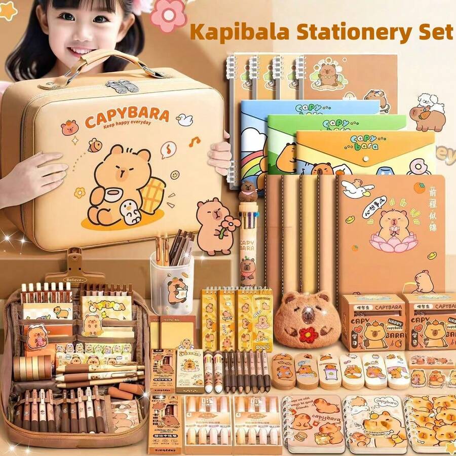 1 Set Capybara Themed Stationery Gift Box Set, Includes Various Capybara Design Items Such As Pens, Pencil Case, Notebook, Stickers, Erasers, Sticky Notes, Pendants, Etc. Great For Graduation Gifts, Birthday Gifts, Back To School, Valentine's Day Gifts (Stationery Styles And Colors Vary) - Multicolor - View 1