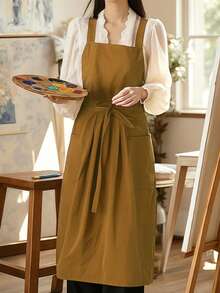 1件女士亚麻围裙，腰部可调节，轻便柔软的棉混纺围裙，带口袋，适合园艺活动