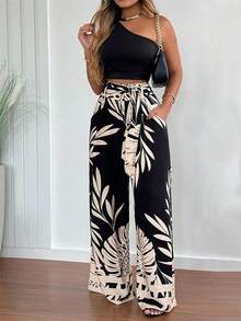 2026 Spring Summer New Women's 2pcs Fitted Outfit Set - One-Shoulder Top With Belt & Straight Print Pants, Casual Commuter Office Daily Wear - màu đen - Xem 2