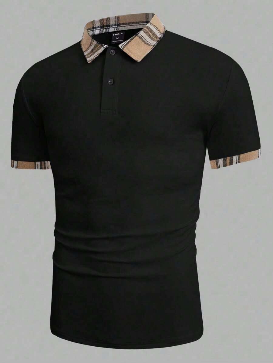 Manfinity BRENVOR Men Contrast Plaid Collar Polo Shirt - Negro - Ver 1