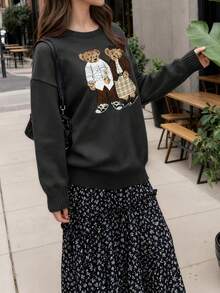 2026秋冬新款百搭復古卡通熊刺繡圓領寬鬆長袖女款毛衣，適合日常穿著、外出、約會、假期、返校、畢業、街頭風、Y2K、學院風 - 黑色 - 查看 6