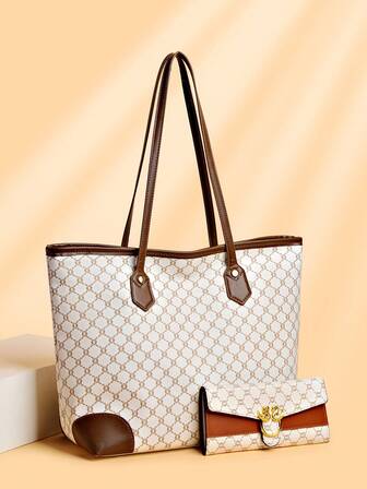 2 pezzi/set Borsa shopper e portafoglio di grande capacità, borsa a spalla di moda per donne di mezza età, autunno/inverno