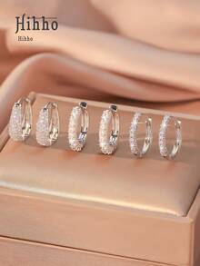 Hihho 6pcs/Set Elegant Zirconia Stud Earrings, Classic Retro Design Luxury Minimalist Earring Set, Suitable For Daily Stacking Or Single Wear, Best Gift For Friends - Silver - View 5