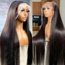 200 Density 13x4 Transparent HD Lace Frontal Wigs Human Brazilian Hair 34Inch Natural Black Long Straight Hand Weaves Blended Human Hair Pre Plucked Hairline & Pre-Bleached Invisible Knots Suitable For To Wear On Daily Or Holiday Occasions Wig - Natural & Black - View 5
