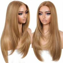 26 英寸 Yaki 直发假发 中分分层假发 女士合成纤维发质 脸部框架分层剪裁假发 长直发假发 渐变棕色分层鲍勃假发 棕色/金色 别致时尚的分层渐变假发 日常生活或派对用假发