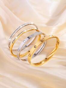 1pc Stainless Steel Fashionable Versatile Heart-Shaped Rhinestone Bracelet, Suitable For Daily Wear - Yellow Gold - View 5