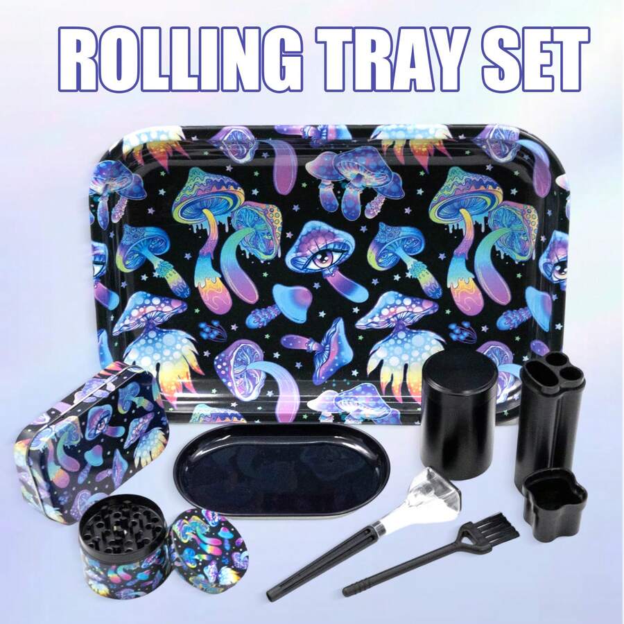 8pcs,Rolling Tray Set,Metal Grinder, Metal Tobacco Tin, Metal Airtight Jar, Three-Hole Portable Storage Tube, Ashtray, Filler, And Small Brush, Stuff,Party Supplies,Gifts For Friends, Father's Day Gift. - Multicolor - View 1