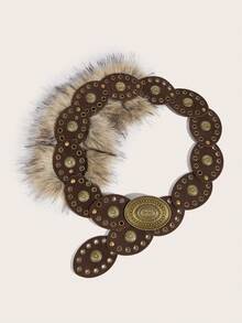 1条时尚休闲纯色拼接女式腰带，Y2K椭圆形扣环，兔毛装饰，咖啡色腰带，心形拼接设计，适合搭配连衣裙、休闲装、裤子、外套、毛衣，适合派对、休闲外出、约会、音乐节、校园、情人节礼物