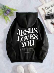 Long Sleeve Tops WomenWomen's Christian Faith Inspiration 'Jesus Loves You' John Gospel 3:16 Bible Verse Printed Hoodie - Oversized Y2K Style Soft Texture Pullover With Pockets, Casual Long Sleeve Hoodie Suitable For Church Activities And Daily Wear, Loose Fit Pattern Printed Hoodie Suitable For Spring, Summer, Autumn, Machine Washable And Dry Cleanable, Front Pocket Design, Y2K Fashion ApparelLoose And Comfortabletops Shirts - Đen 2 - Xem 1