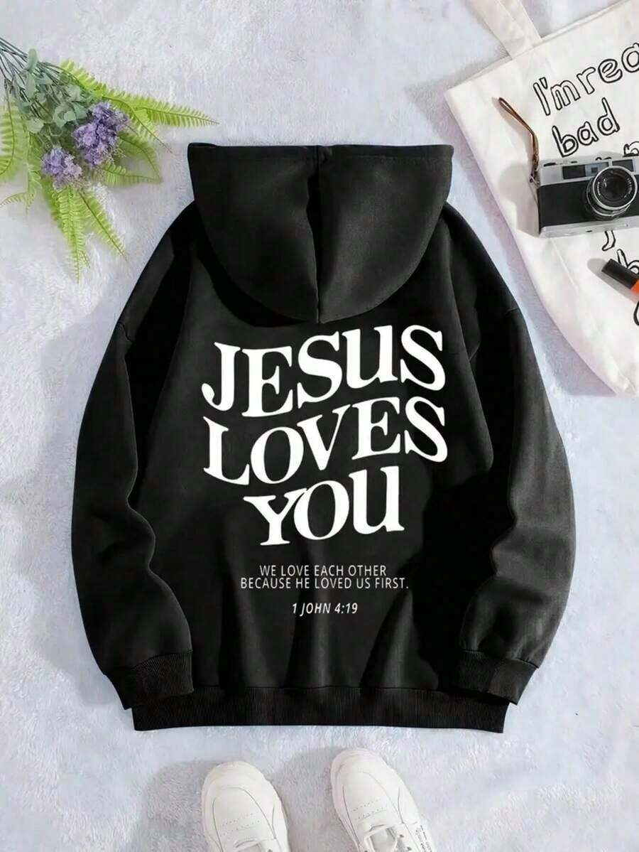 Long Sleeve Tops WomenWomen's Christian Faith Inspiration 'Jesus Loves You' John Gospel 3:16 Bible Verse Printed Hoodie - Oversized Y2K Style Soft Texture Pullover With Pockets, Casual Long Sleeve Hoodie Suitable For Church Activities And Daily Wear, Loose Fit Pattern Printed Hoodie Suitable For Spring, Summer, Autumn, Machine Washable And Dry Cleanable, Front Pocket Design, Y2K Fashion ApparelLoose And Comfortabletops Shirts - Đen 2 - Xem 1