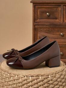 棕色漆皮双色方头蝴蝶结粗跟高跟鞋 – 5厘米 - 棕色 - 查看 3