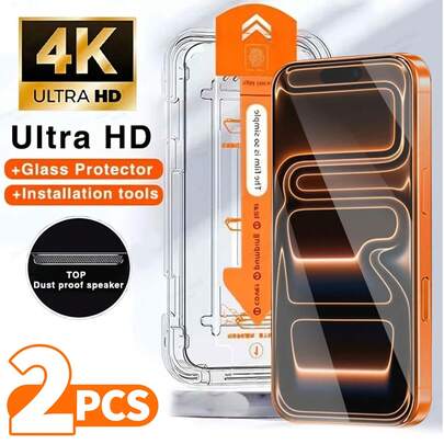 2片装疏油涂层防尘易安装屏幕保护膜，兼容 17 Pro Max/17e/17 Air/16/16e/15/14/13/12/11/16 Pro/15 Pro Max/Plus/XS Max/X/XR，全覆盖钢化玻璃，高清透明，防刮花，无气泡