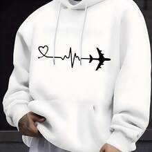 Men's Outdoor Sweatshirt, New Autumn-Winter 2026 Collection, Women's Fashion Black Hoodie With Heart, Pulse Line And Airplane Print For Daily Use, Travel And Casual Occasions, Spring Autumn, Comfortable Everyday Wear, Fashionable And For Outdoor Activities - 白色 - 查看 6