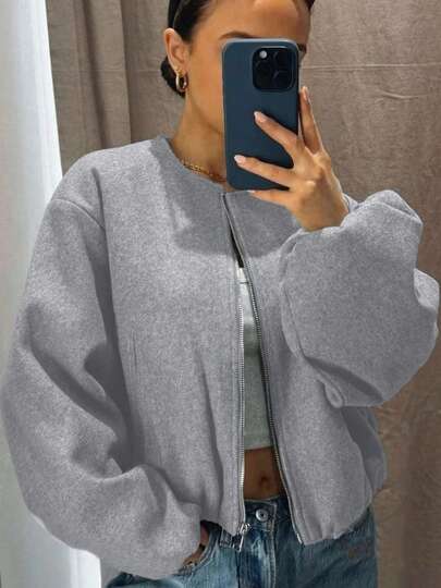 Damen Baseball Jacke Bomberjacke Streetstyle Rundhals Drop Shoulder Laternärmel Reißverschluss Strickjacke Oberbekleidung, Herbst/Winter