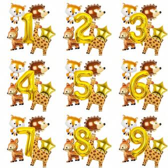 1 Set de Globos de Aluminio con Forma de Animales del Bosque de Dibujos Animados, como Ciervo, Jirafa, Erizo, Zorro, con Números Dorados, Adecuado para Cumpleaños, Baby Shower, Decoraciones de Fiesta con Tema de Animales del Bosque