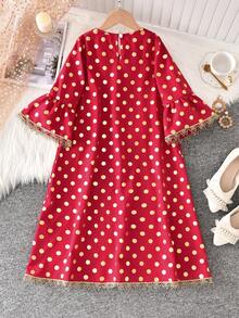 Vihyde 1件少女金色波点花卉饰边喇叭袖连衣裙，假日版