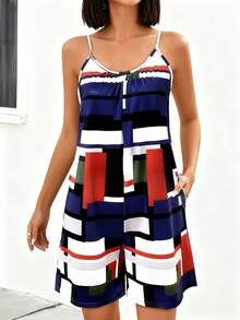 Women's All-Over Print Sleeveless Jumpsuit - Round Neck Spaghetti Strap Jumpsuit, Vacation Beach Outfit, Flowy Summer Short Jumpsuit, Casual Summer Suspender Jumpsuit - Multicolor - View 4