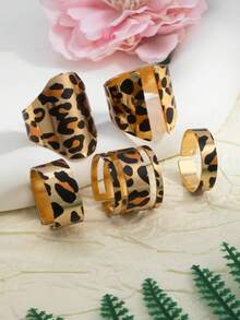 5pcs/Set Fashionable Leopard Print & Geometric Hollow Open Ring Set, Suitable For Daily Wear And Combination - Multicolor - View 3