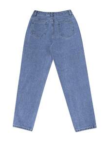 Black & Grey Harajuku Style Loose Fit High Waist Wide Leg Jeans, Comfortable Mom Jeans - Medium Wash - View 4