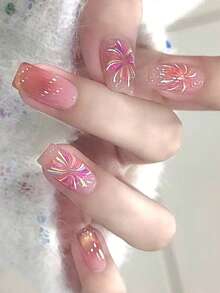 1张14片半固化凝胶美甲贴纸，超长指甲油贴纸，亮面凝胶封层，粉色炸弹 - 粉色 - 查看 5