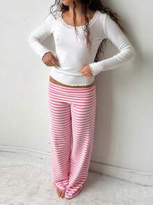 Women's Y2K Striped Wide-Leg Pants - Fold-Over Waist Casual Lounge Trousers - Retro Sweet Streetwear Pants - 粉色 - 查看 6