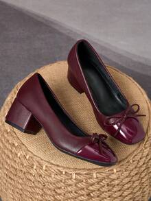 Zapatos de tacón cuadrado con lazo, de dos tonos y textura, en color caoba - 5cm - Color caoba - Ver 2