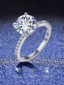 1 Pieza Anillo de compromiso de Moissanite de 1-3ct y banda de bodas S925 Plata de ley redondo anillo de promesa y anillo de eternidad de aniversario joyería de lujo regalos para mujeres anillo de diamantes de imitación - Plateado - Ver 25