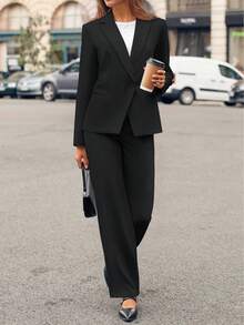 Casly Lamiit Women Plain Long Sleeve Suit Collar Regular Top And Pants Set Elegant Composite Fabric Suit With Pockets - 黑色 - 查看 1