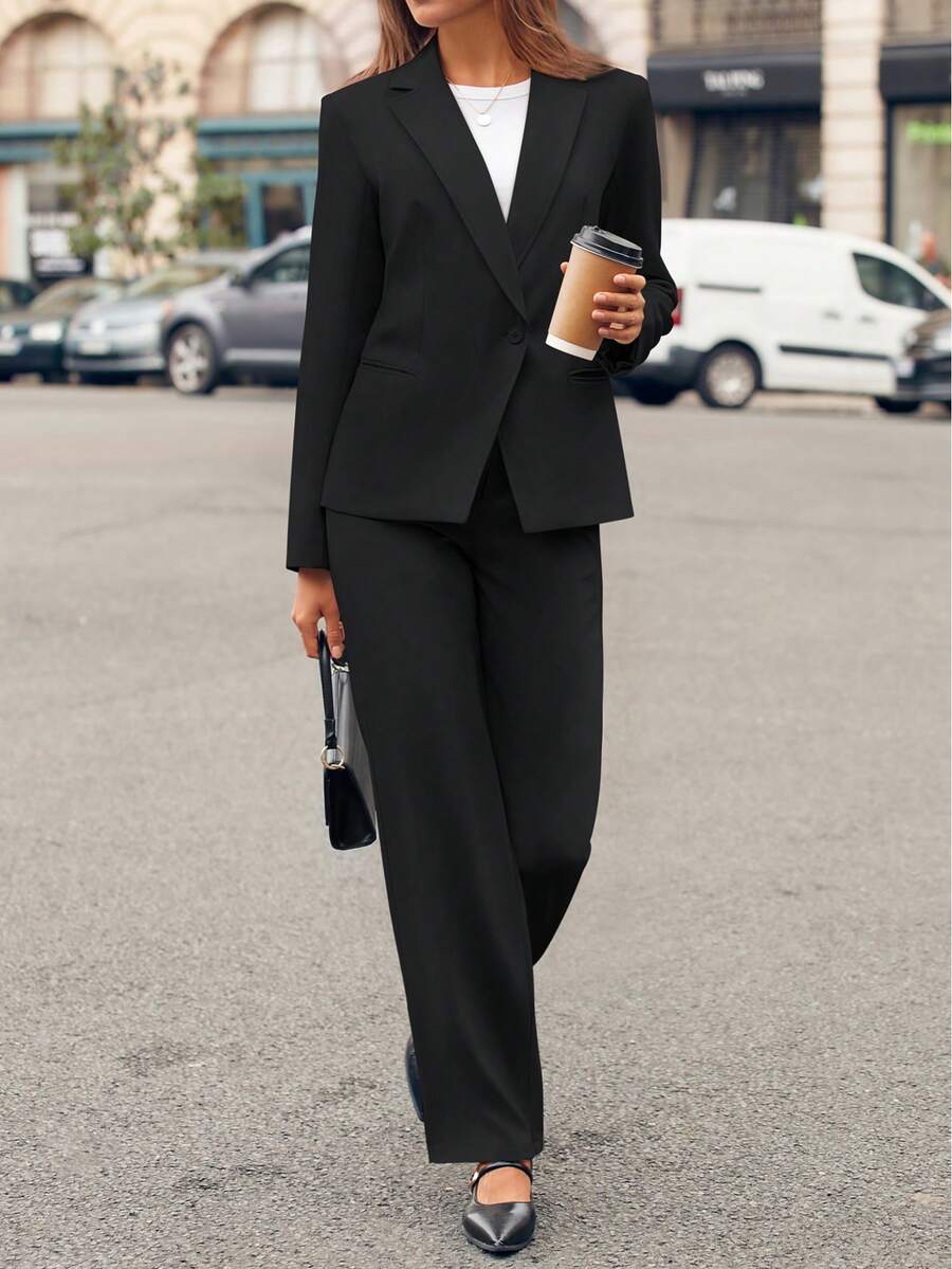 Casly Lamiit Women Plain Long Sleeve Suit Collar Regular Top And Pants Set Elegant Composite Fabric Suit With Pockets - 黑色 - 查看 1