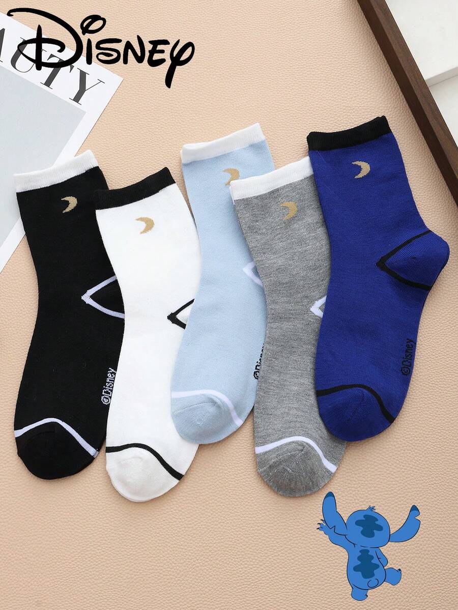Disney 1 Pair/5 Pairs/10 Pairs Women's Mid-Calf Socks - Socks, Minimalist Crescent Moon Pattern, Couple Mid-Calf Socks, Two-Stripe Sporty Mid-Calf Socks, Versatile Style, Suitable For Daily Wear And As Holiday Gifts - Multicolor - View 1