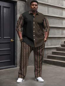 Plus-Size Men's Shirt Set, Color-Blocked Shirt And Plaid Trousers, Two-Piece Set, Men's Clothing, Casual Wear, Spring Set.Business Tweed Suit - Nhiều màu - Xem 2