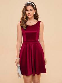 Glamorous Vintage Satin Mini Cocktail Dress With Backless Bow Detail Sleeveless Round Neck Flared For Women - Red - View 4