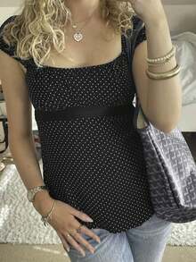 Women Y2k Babydoll Shirt Fairy Grunge Scoop Neck Cap Sleeve Polka Dot Tie Back Flowy Slim Fit Tee Vintage Aesthetic Ruffle Short Sleeveless 90s Preppy T-Shirts Teen Girls Going Out Tops Club Streetwear - 黑色 - 查看 1