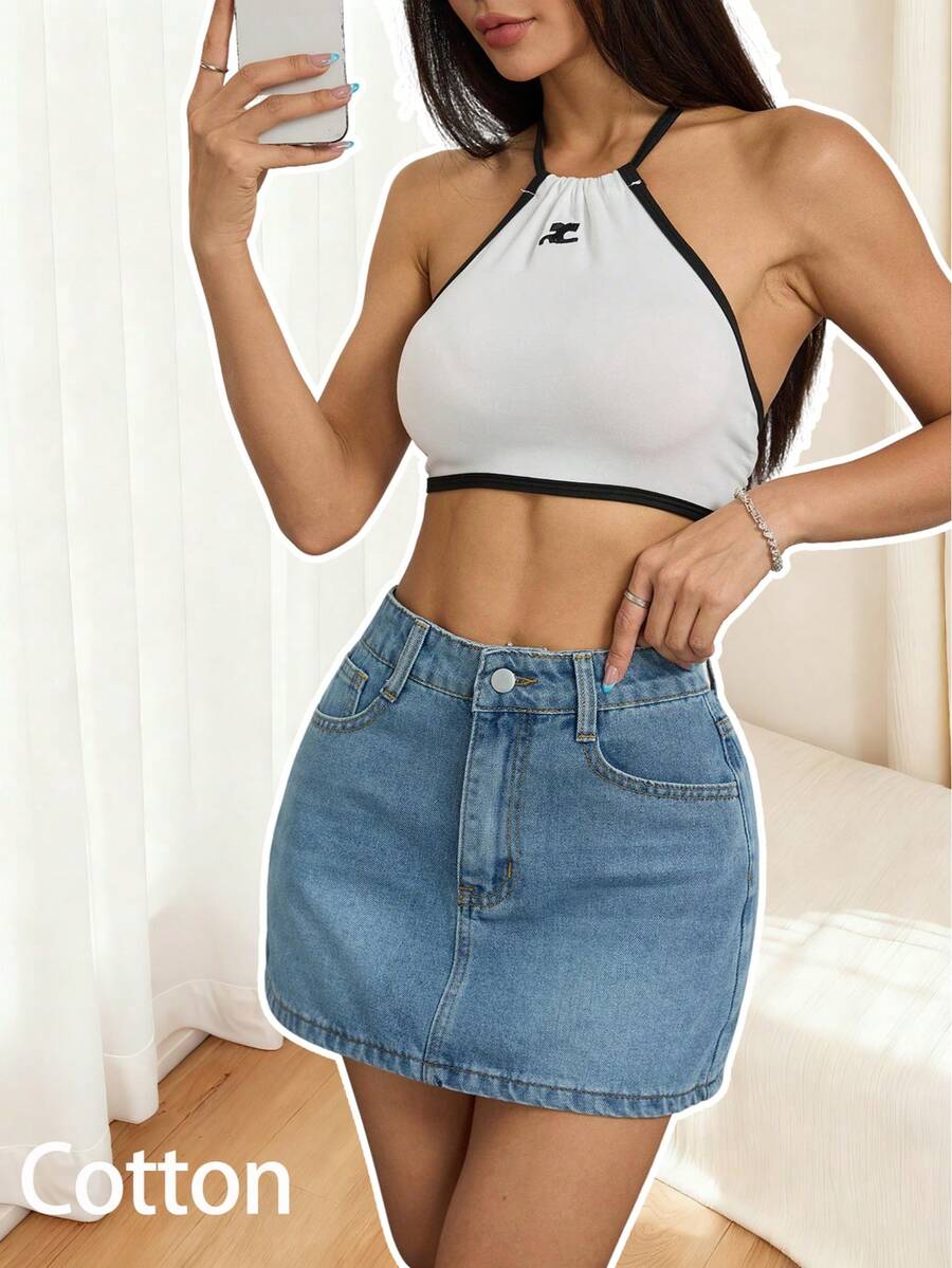 女士中度水洗蓝色中腰修身性感休闲牛仔迷你裙 - 时尚百搭的日常外出约会下装 - 中等水洗藍 - 查看 1