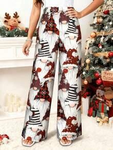 女士可爱圣诞小矮人印花阔腿裤，高腰休闲假日长裤，女士休闲时尚圣诞印花直筒裤，休闲圣诞女装，日常圣诞女装
