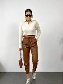 Women's Black PU Leather Tapered Pants With Drawstring And Pockets Casual Elegant Style Medium Stretch Long Cropped - Brown - View 3