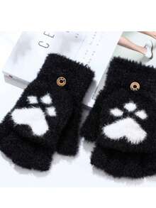 1双女士可折叠露指手套，可爱俏皮的卡通风格，半针织羊毛手套，带保暖内衬，适合学生冬季保暖 - 彩色 - 查看 11