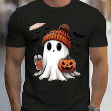 2026 New  Men's T-Shirt Black Short Sleeve T-Shirt With Halloween Ghost Print With Hat And Pumpkin For Daily Wear, Theme Parties And Autumn Season. Comfortable And Versatile Everyday Outfits - 黑色 - 查看 6