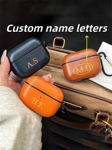 [Customized]Personalized Custom Golden Initials Letters Customize Earphone Case Compatible With 1 2 3 4 Pro 2 Pro 3 Luxury Faux Leather Pattern TPU Cover With Keychain