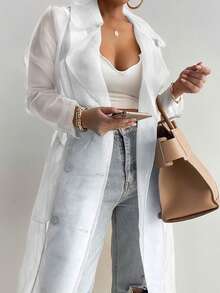 ChicMe Women's Sheer Mesh Long Sleeve See-Through Jacket Coat, Tie Front Button Down Long Windbreaker, Outdoor Apparel - Cream - View 3