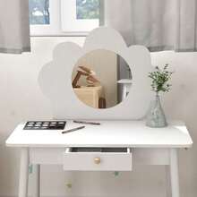 Kids Dressing Table Set With Mirror & Stool | Cloud-Themed Vanity Table With Drawer In White - Default - View 6